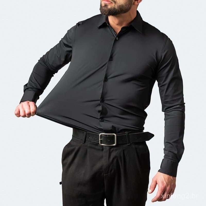 Camisas Masculinas Sem Costura de Alta Elasticidade em Spandex, Manga Longa, Ajuste Slim, Casual, Cor Sólida, Camisa Soc