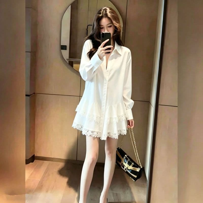 [Seckill por tempo limitado] Camisa de renda branca estilo suave saia feminina manga comprida solta Super bonita aparênc