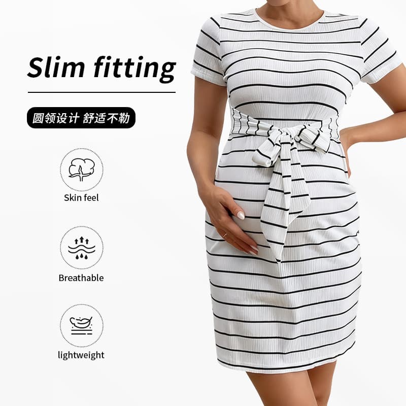 Novo vestido de maternidade para o outono com listras, cintura marcada, cinto de amarrar, laço, vestido de maternidade c
