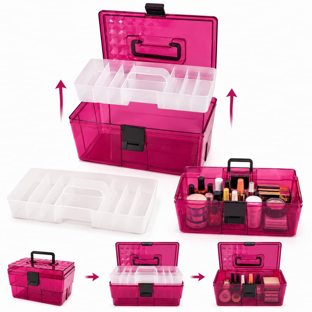 Maleta Organizadora Maquiagem Esmaltes Com Divisórias Crippa Rosa Transparente e preto