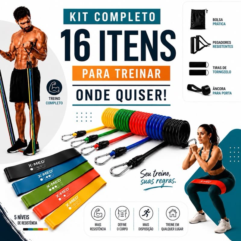 Kit 16 Itens Treino Em Casa Completo Elásticos Extensores + 5 Mini Bands Fitness Musculação Exercícios Yoga Fisioterapia
