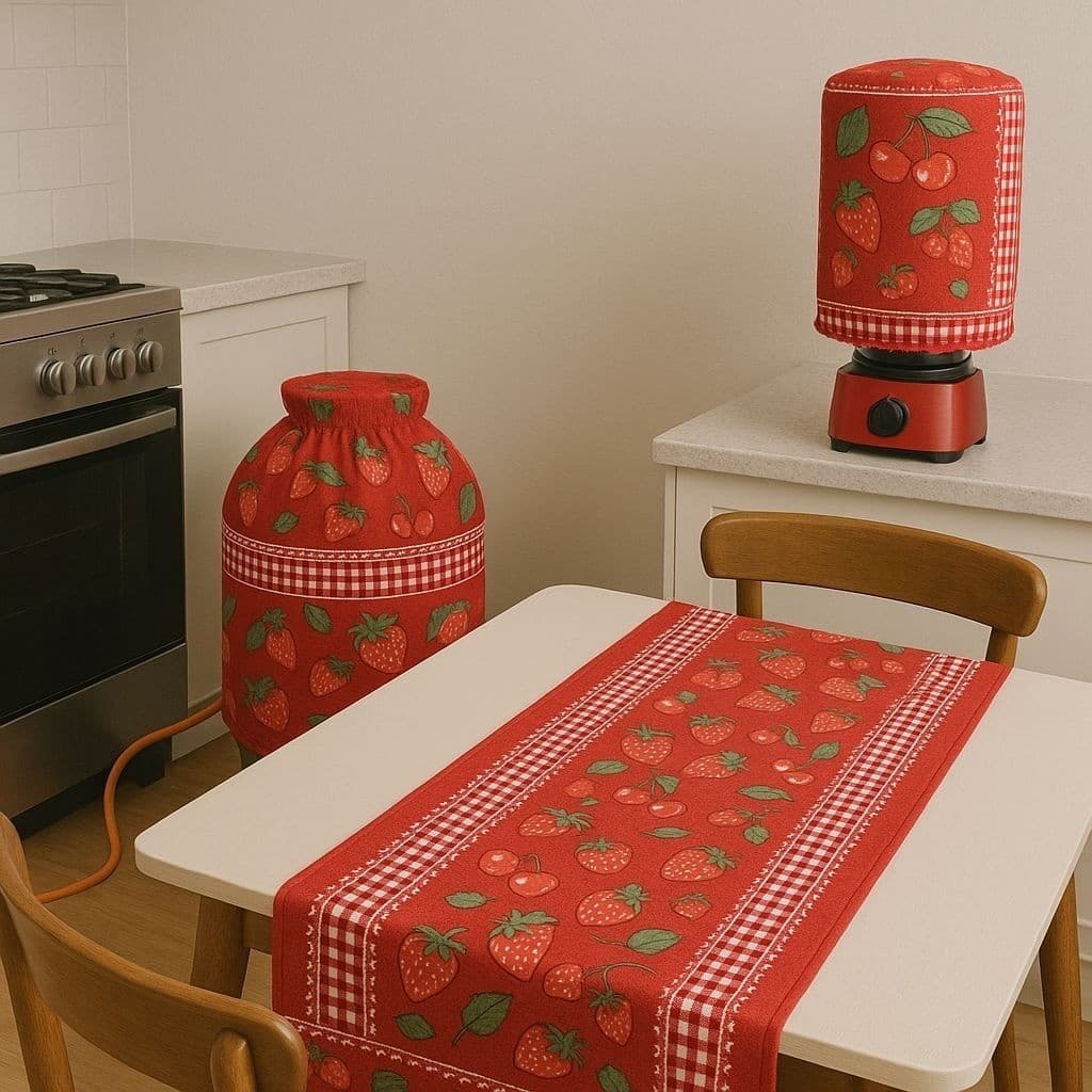 Kit Jogo de Cozinha 3 Peças Capa Botijão Liquidificador Caminho De Mesa