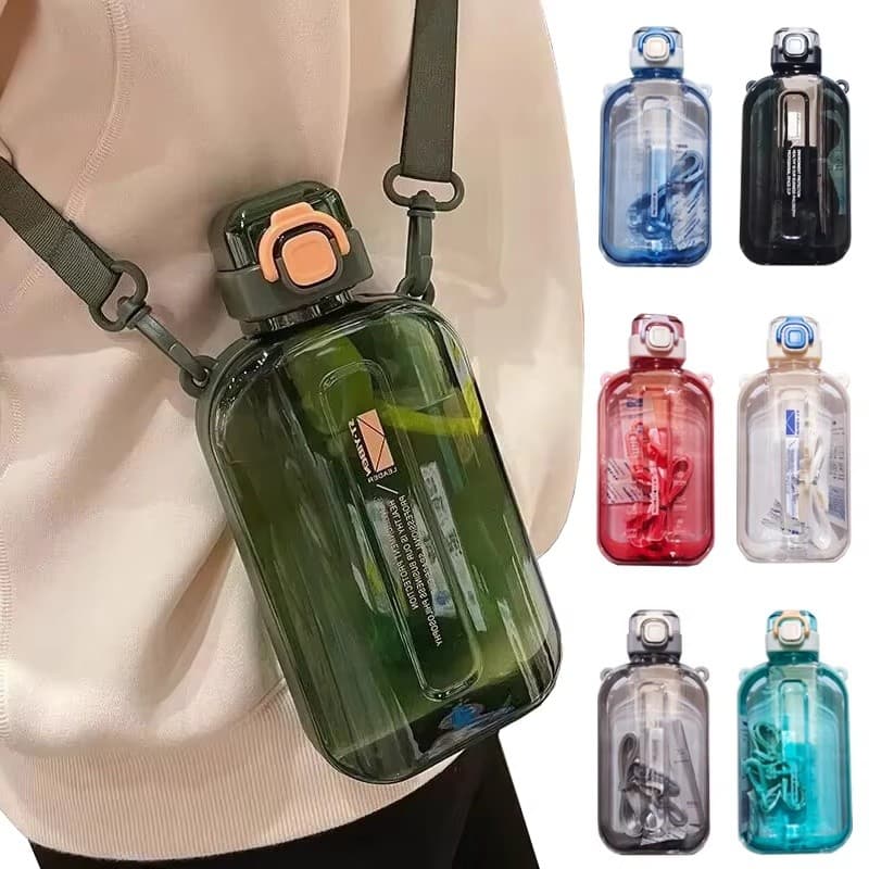 Copo De 750ml Garrafa De Água Transparente Quadrada Plana Portátil Cantina De Viagem Com Alça Ajustável Fina Elegante À
