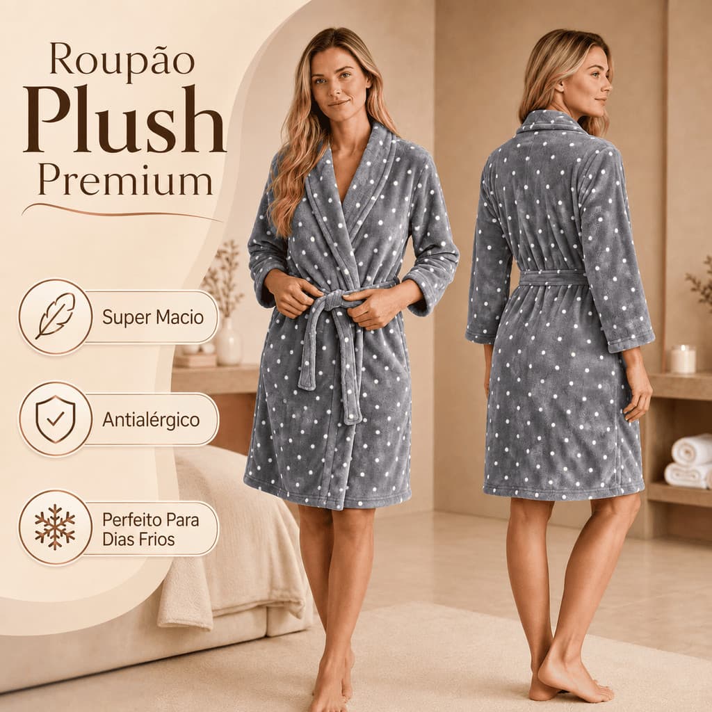 Roupão Plush Feminino Corttex Poá Microfibra para Inverno Macio Confortável M e G