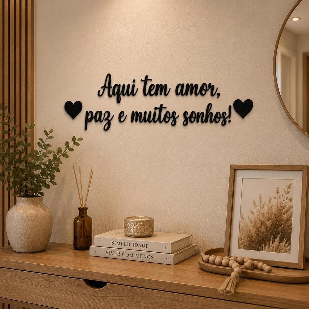 Decoração Parede MDF Preto 3mm Aqui Tem Amor Paz e Muitos Sonhos Frase Decorativa Corações para Casa