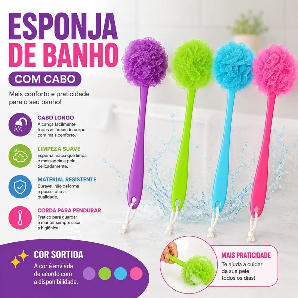 Esponja de Banho com Cabo Longo - Poliéster, Cabo Plástico 35-40 cm, Cor Sortida, 1 unidade