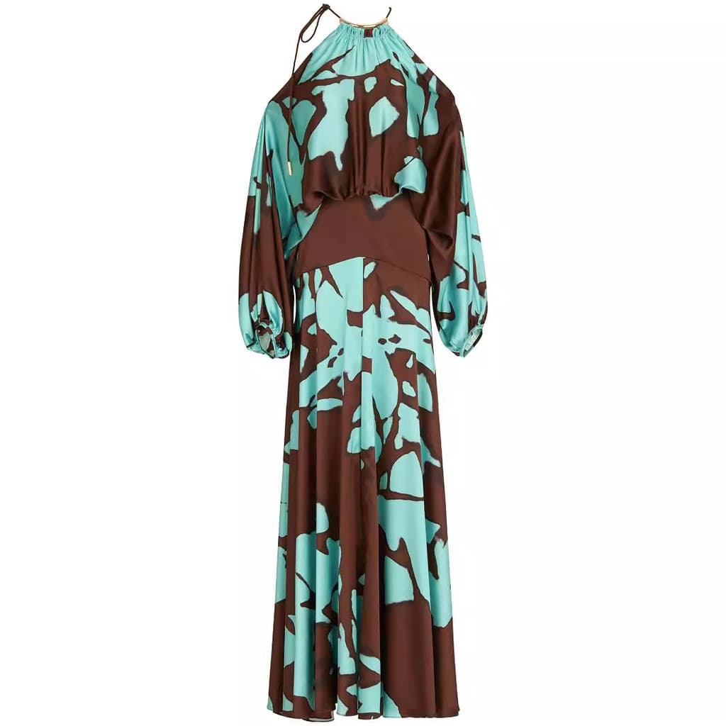 Vestido feminino elegante estilo resort com estampa socialite, ombros à mostra, manga raglan, barra larga e fenda.