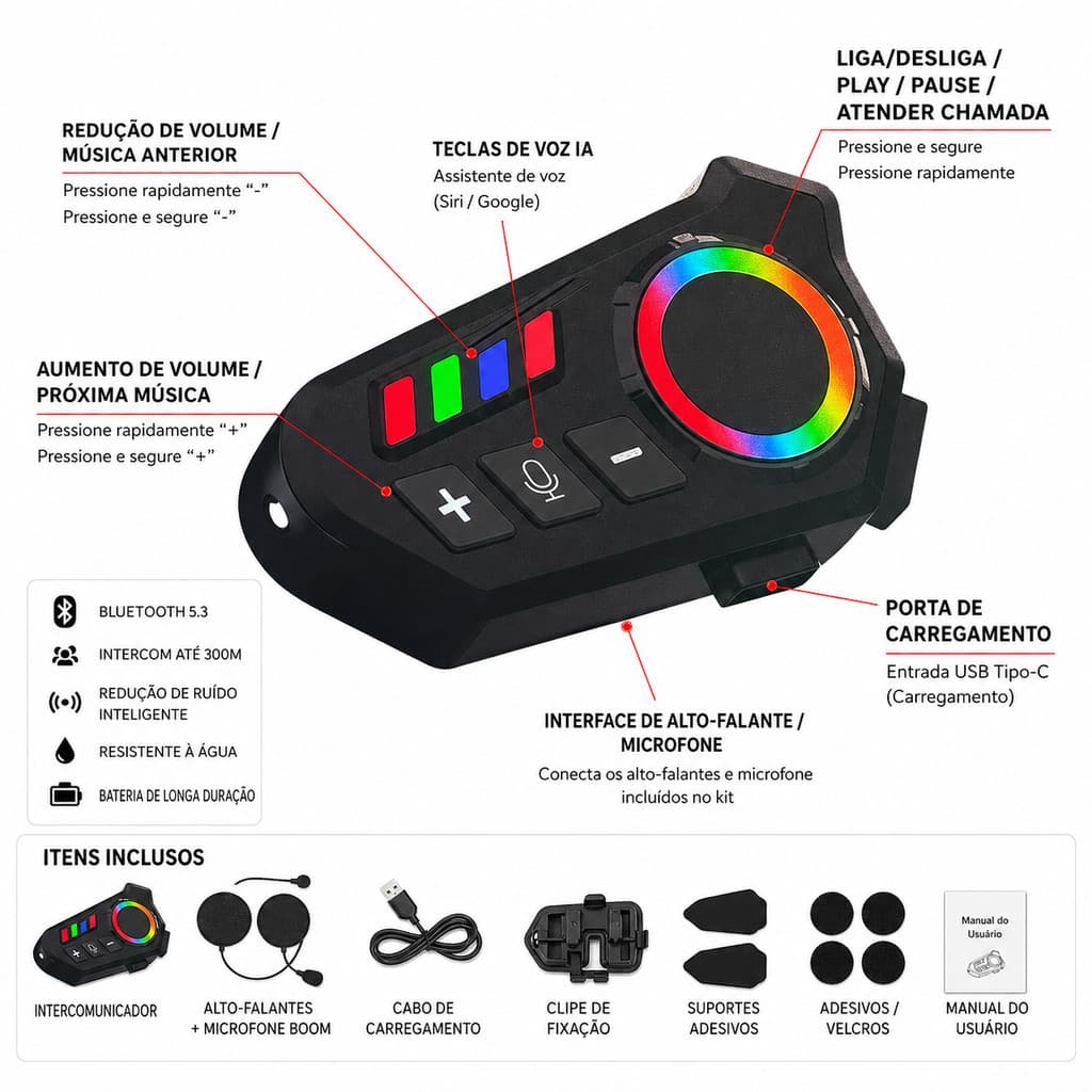Intercomunicador Bluetooth para Capacete Moto K06 Fone com Microfone Comunicação 300mes