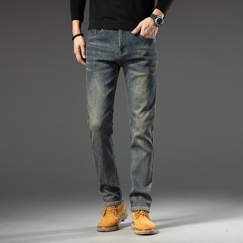 2025 primavera outono novo estilo meados de cintura alta Retro cor estiramento Jeans masculino fino ajuste em linha reta