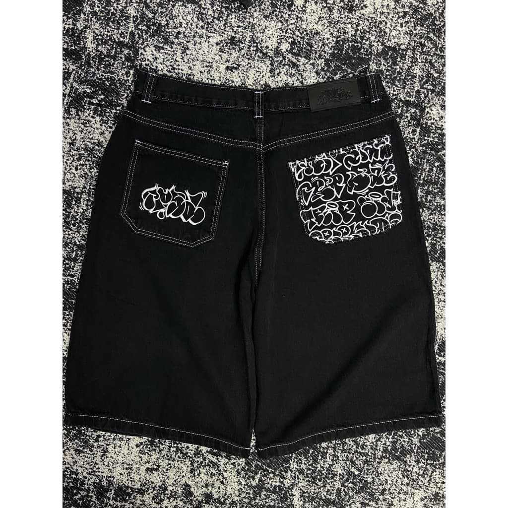 Y2K Shorts Masculino Preto Lavado Desbotado Graffiti Bolso Bordado Hip-hop Estilo Rua Na Altura Do Joelho