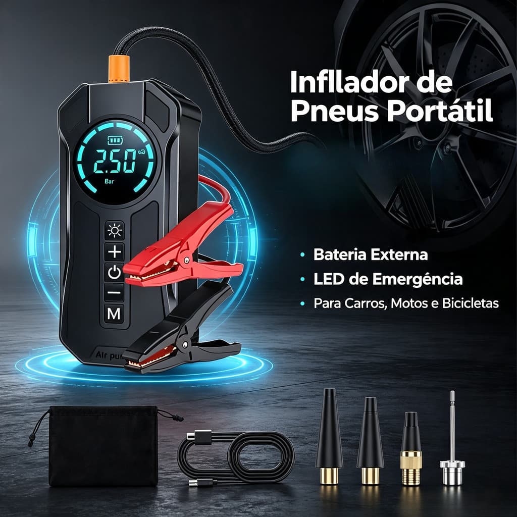 compressor De Ar Recarregável digital Portátil Para Carros , Motocicletas E Bicicletas ; Indicador LED USB