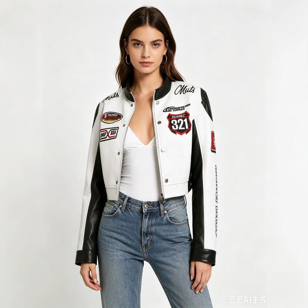 Jaqueta De Couro Bordada Estilo Corrida Feminina Elegante Motociclista Universitário