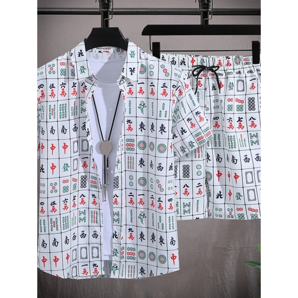 Design sentido Street Wear camisa Shorts terno masculino verão gelo seda estilo fino Mahjong praia camiseta de manga cur