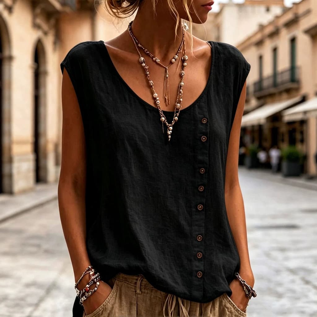 Camiseta Sem Mangas Casual de Verão para Mulheres, Nova Moda, Solta, com Decote em U e Botões