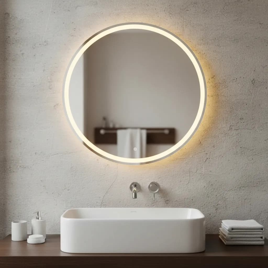 Espelho Redondo 70x70cm com LED Mais Forte 3 Cores Bivolt, Botão Touch, Jateado para Banheiro Quarto Sala Luxo