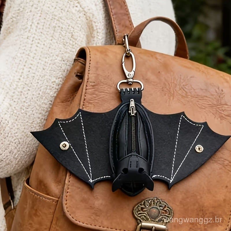 Bolsa com Zíper Criativa de Morcego Gótico, Carteira de Morcego com Chaveiro, Mini Carteira Pendente, Acessório de Chave