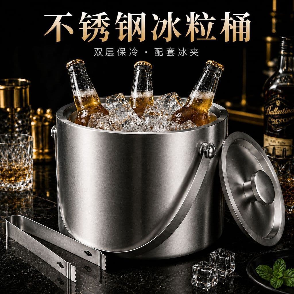 Balde de gelo portátil de aço inoxidável estilo europeu balde de gelo de dupla camada vinho cerveja engrossado balde de
