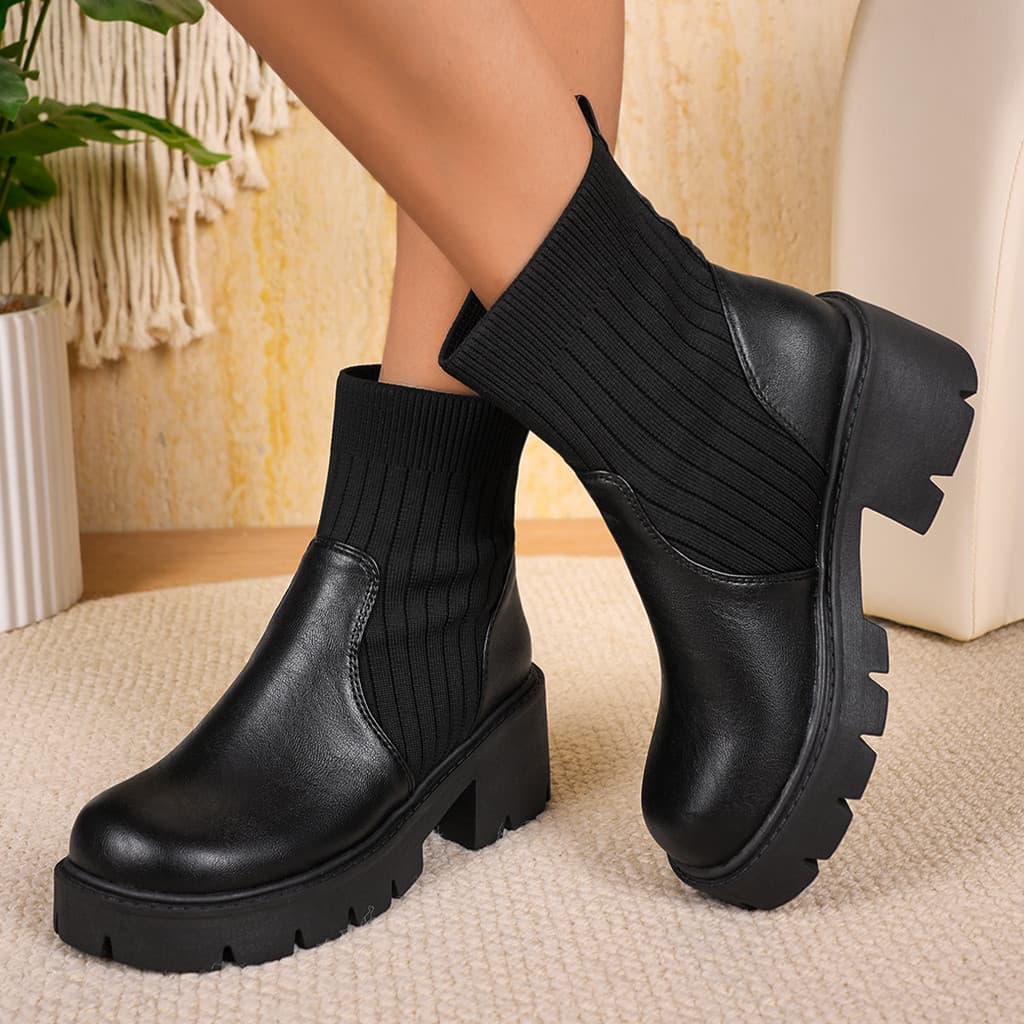 Botas curtas femininas de outono e inverno, botas Chelsea de tamanho grande, botas de cano médio com salto grosso e malh