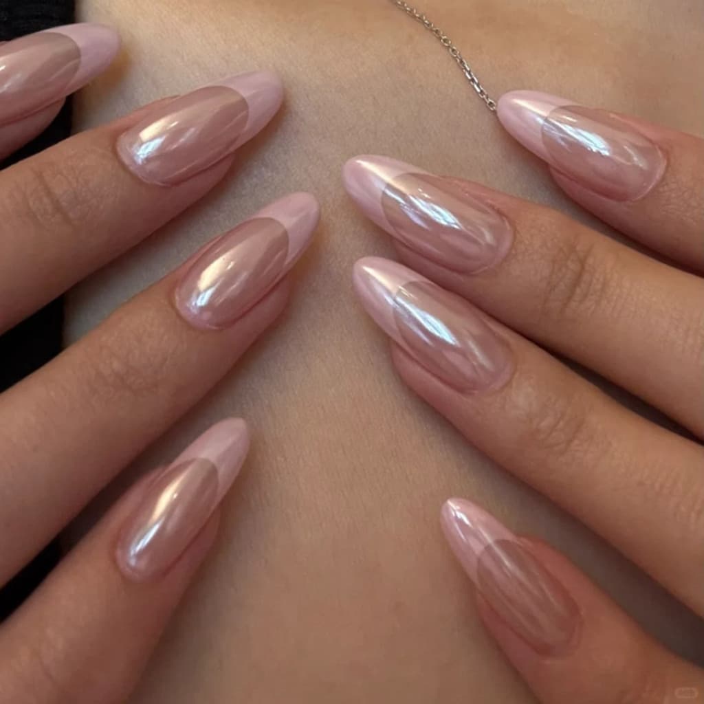 Revestimento estroboscópico usando unhas francês rosa curto amêndoa Manicure unhas falsas imprensa em unhas