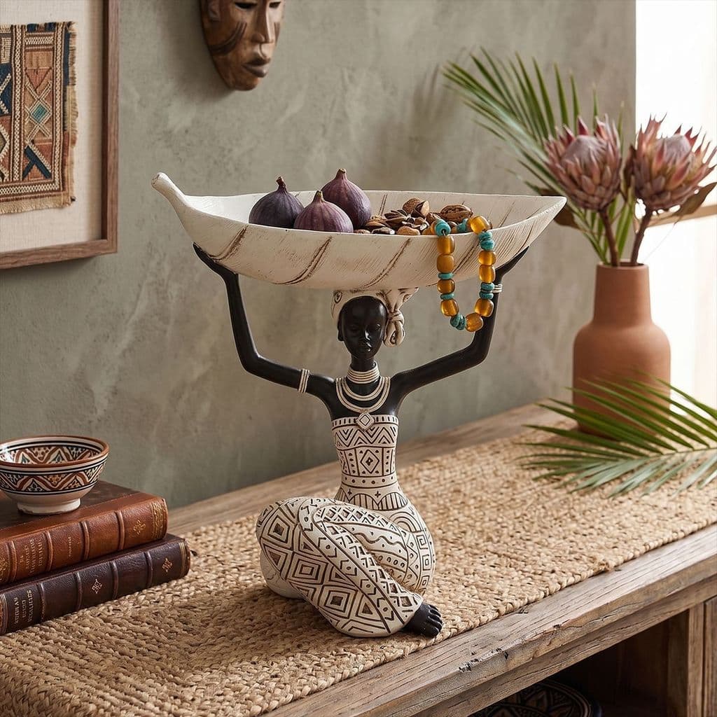 Ornamento Decorativo de Resina em Forma de Mulher Negra Africana com Bandeja para Decoração de Sala de Estar e Mesa