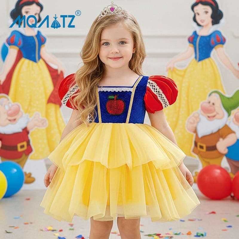 MQATZ Vestido de Cosplay de Neve Amarelo para Menina, Fantasia de Princesa, Vestido Tutu para Batizado e Festa de Aniver