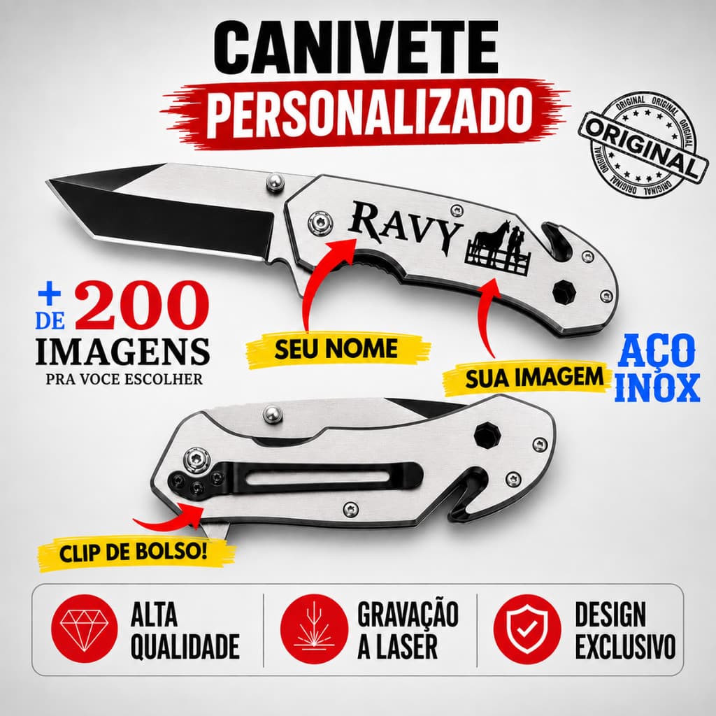 Canivete Personalizado Premium Tático Sobrevivência Inox Clip Bolso Seu Nome Envio Imediato