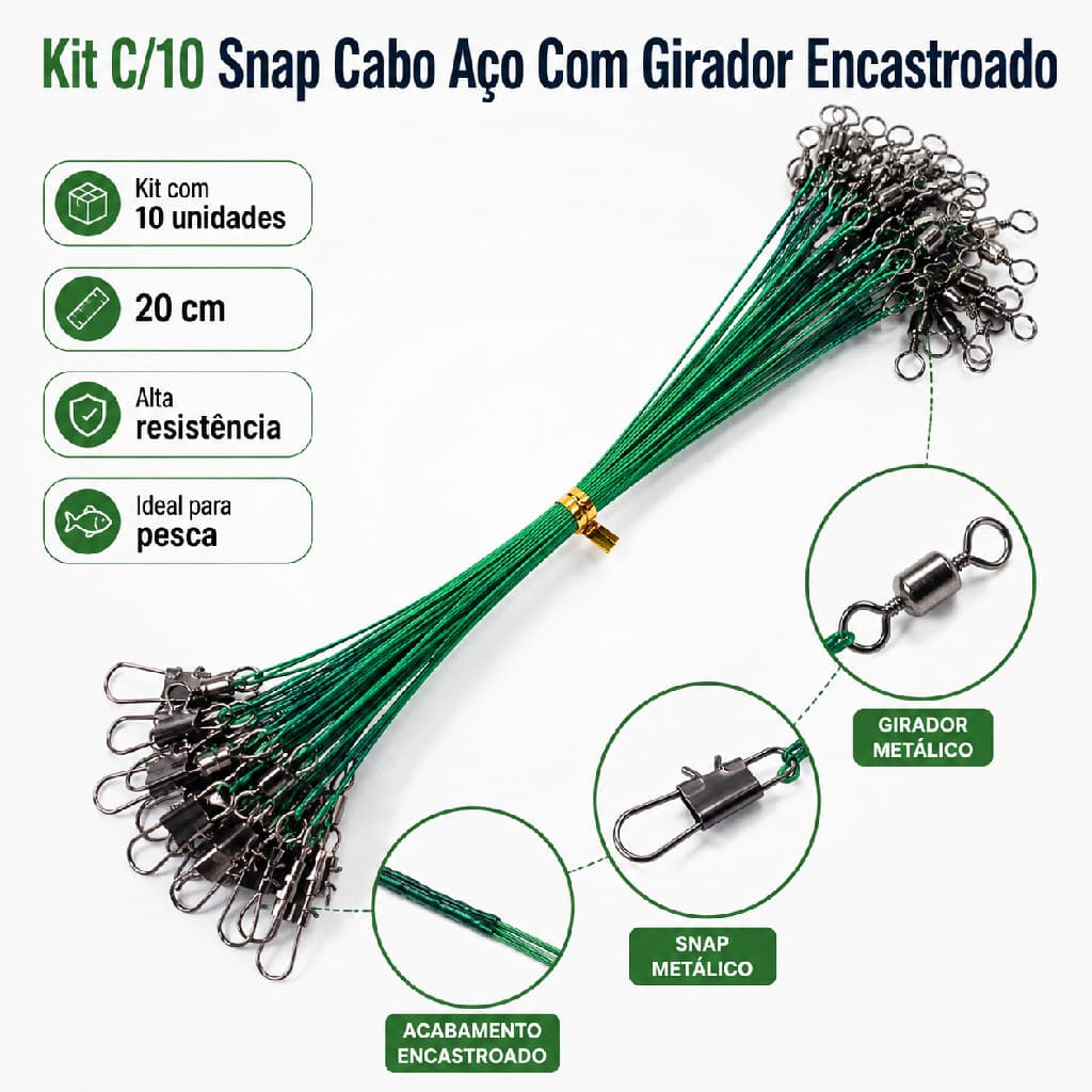 KIT 20 LINHAS PESCA AÇO ENCASTROADO COM SNAP GIRATORIO 20CM