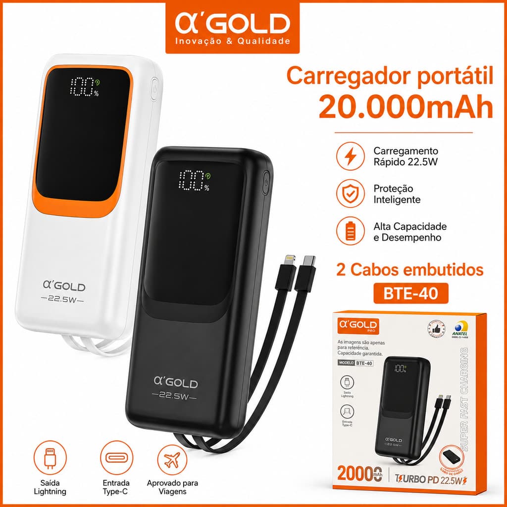 Bateria Portátil Power Bank 20.000mAh 22.5W PD Carga Rápida Turbo A'GOLD BTE-40  ENVIO RAPIDO