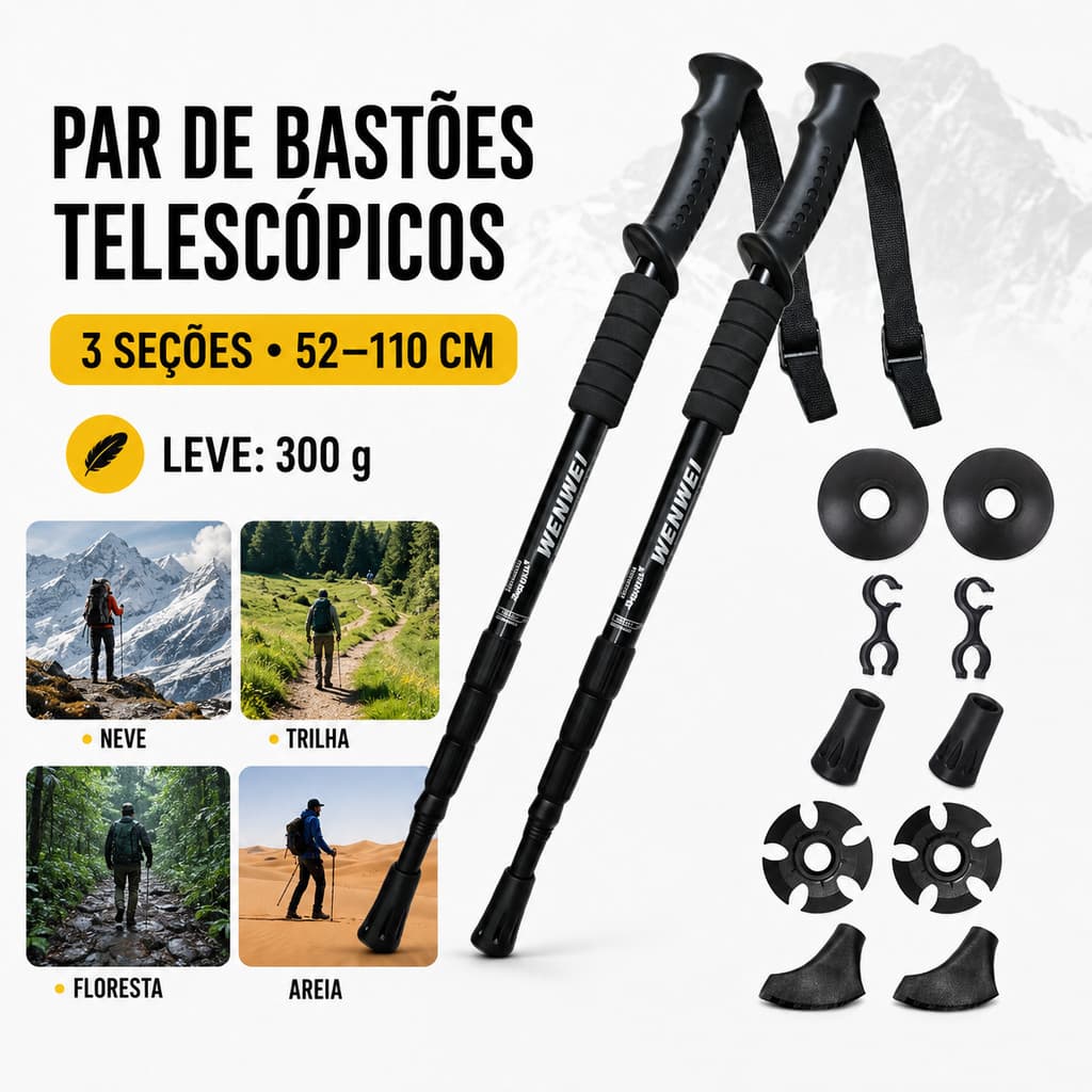 Par Bastões Trekking Alumínio Leve 3 Seções 67-135cm – Ideal para Caminhada e Viagem