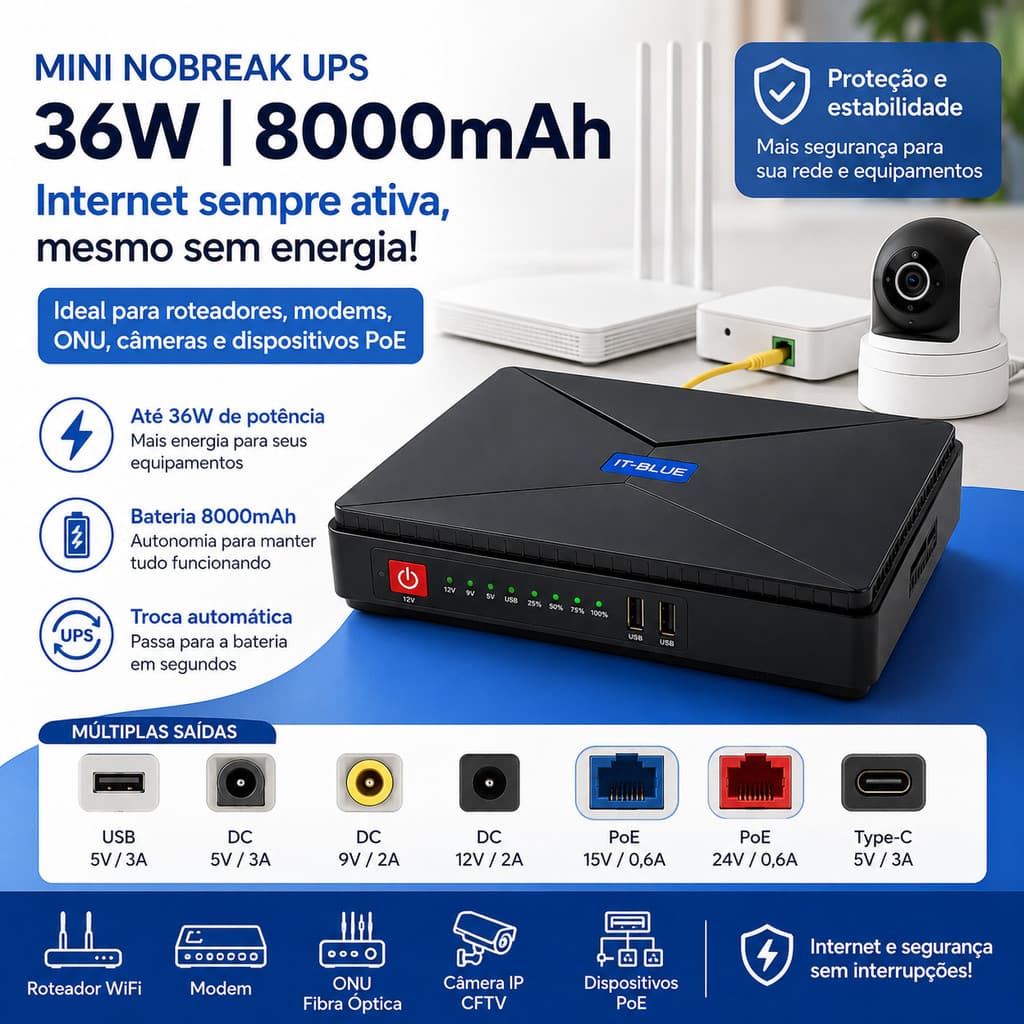 Mini Nobreak UPS 36W 8000mAh Bivolt 5V 9V 12V PoE Para Roteador WiFi Modem ONU Câmera IP