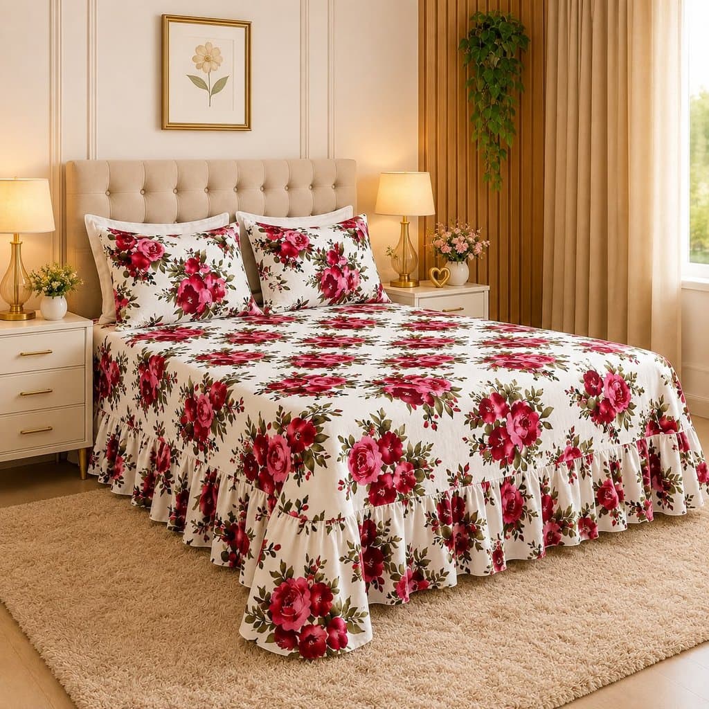 Colcha de Cama com Babado Queen 3 Peças  Toque de Algodão Kit Completo com Fronhas
