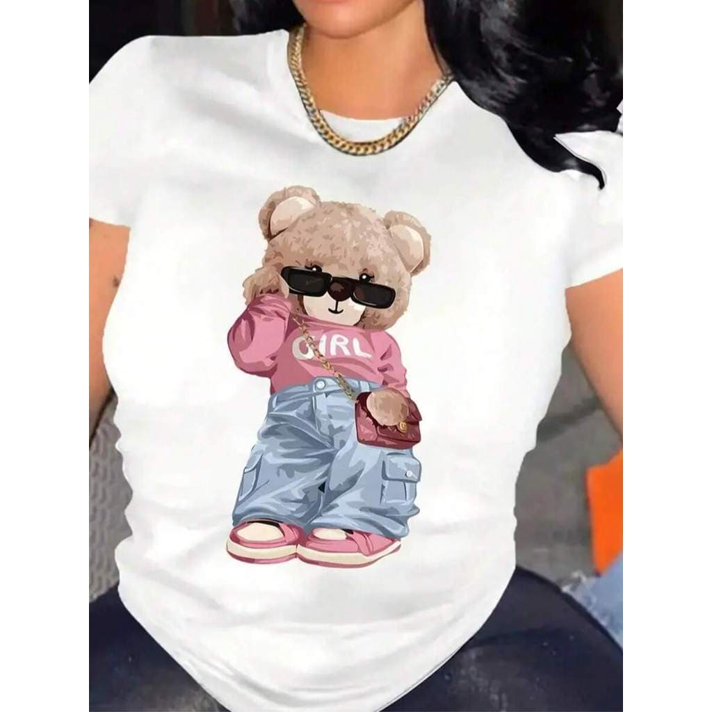 Camiseta feminina Tshirts  com gola redonda e estampa de urso 100% Algodão Premium