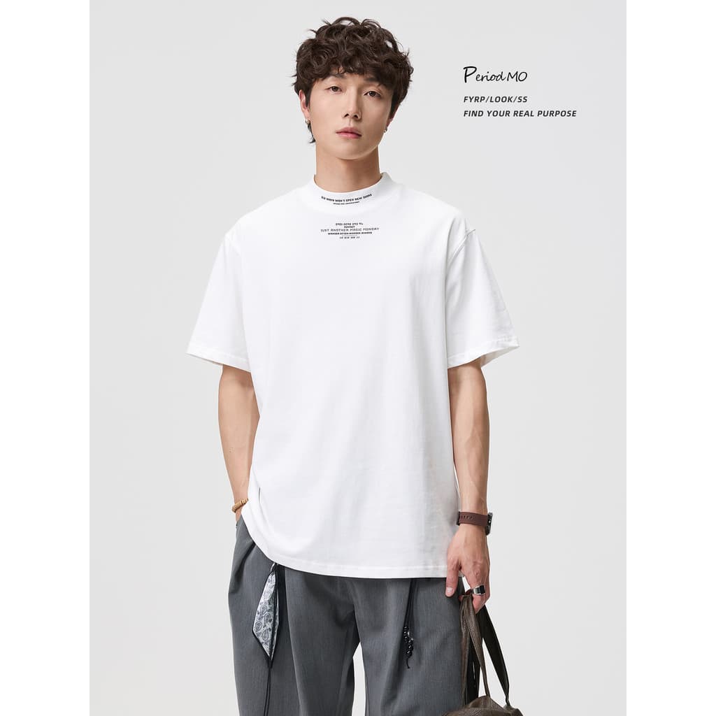 FYRP Momo American Retro Gola Redonda Carta Impressa Puro Algodão Camiseta de Manga Curta Masculina Verão Solta Camiseta
