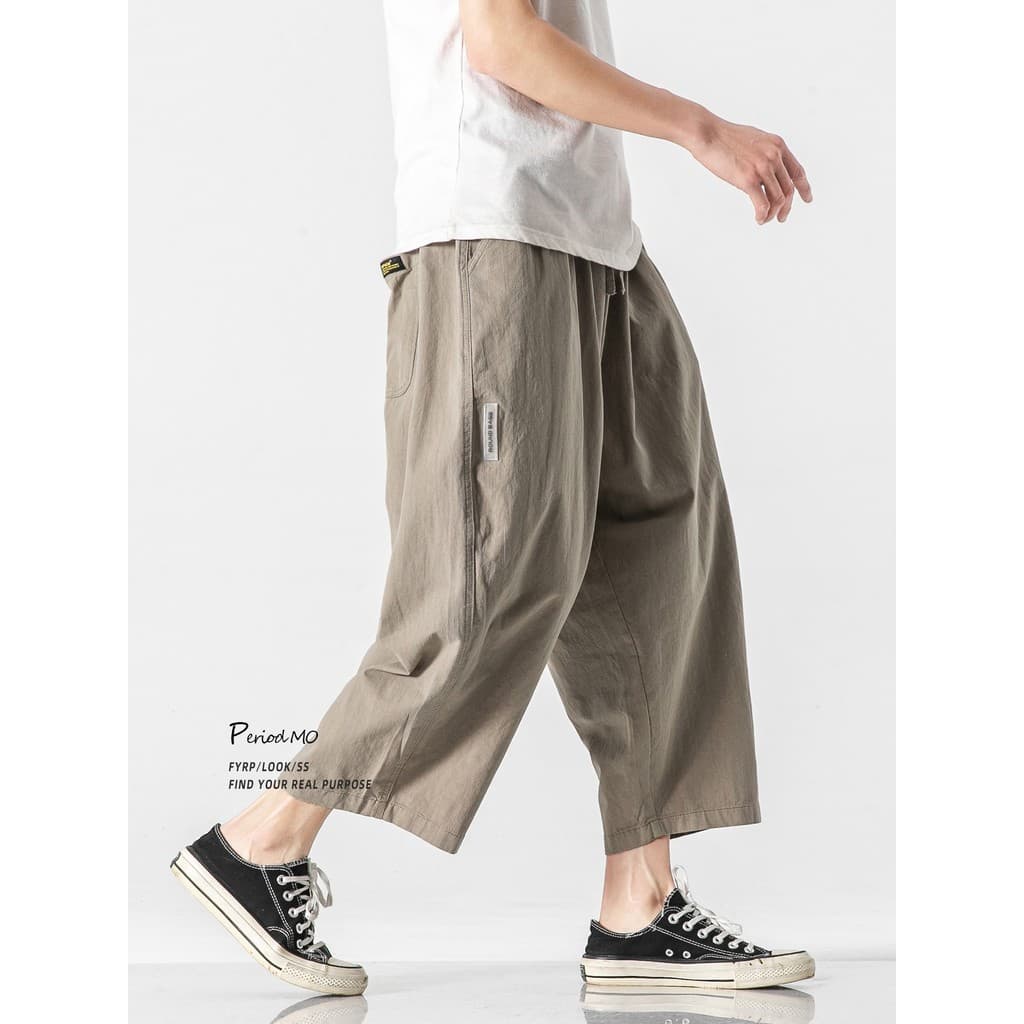 FYRP Momo Estilo Japonês Caindo Rotulado Calças Cortadas Homens Verão Fino Solto Reto Casual Harem Calças Perna Larga