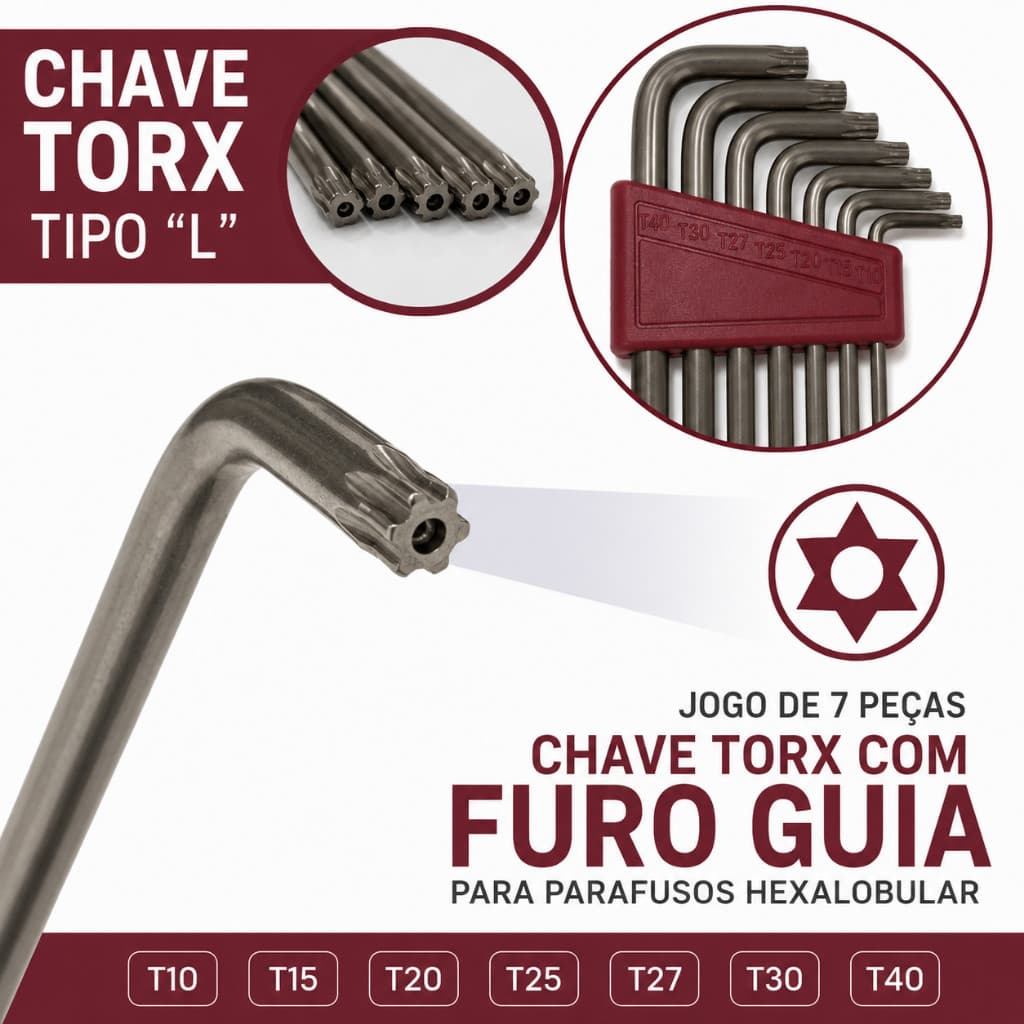 Jogo de chave Torx 7 peças com furo - barato parafuso hexalobular - EM AÇO VANÁDIO