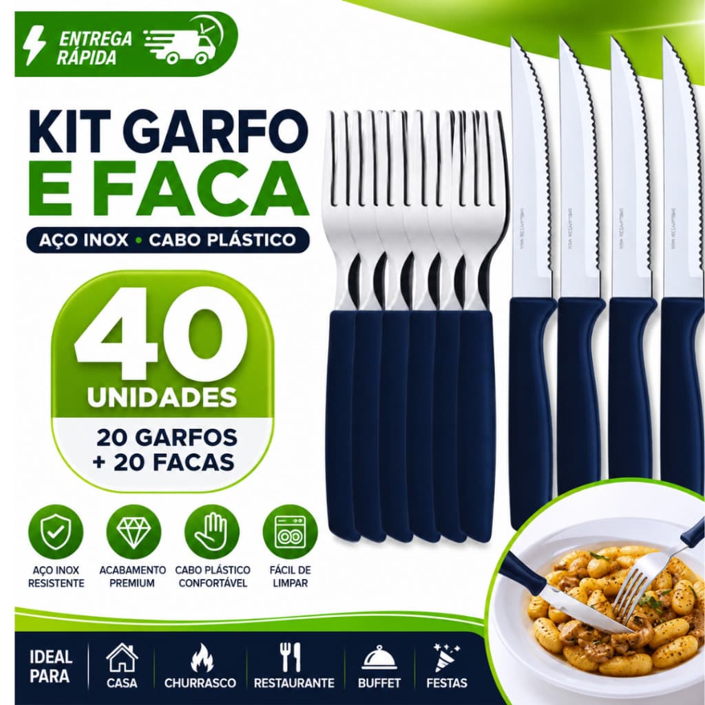 Kit 40 Facas Garfos Inox Mesa Cabo Plástico Cozinha e Restaurante Buffet Utensílios Talher
