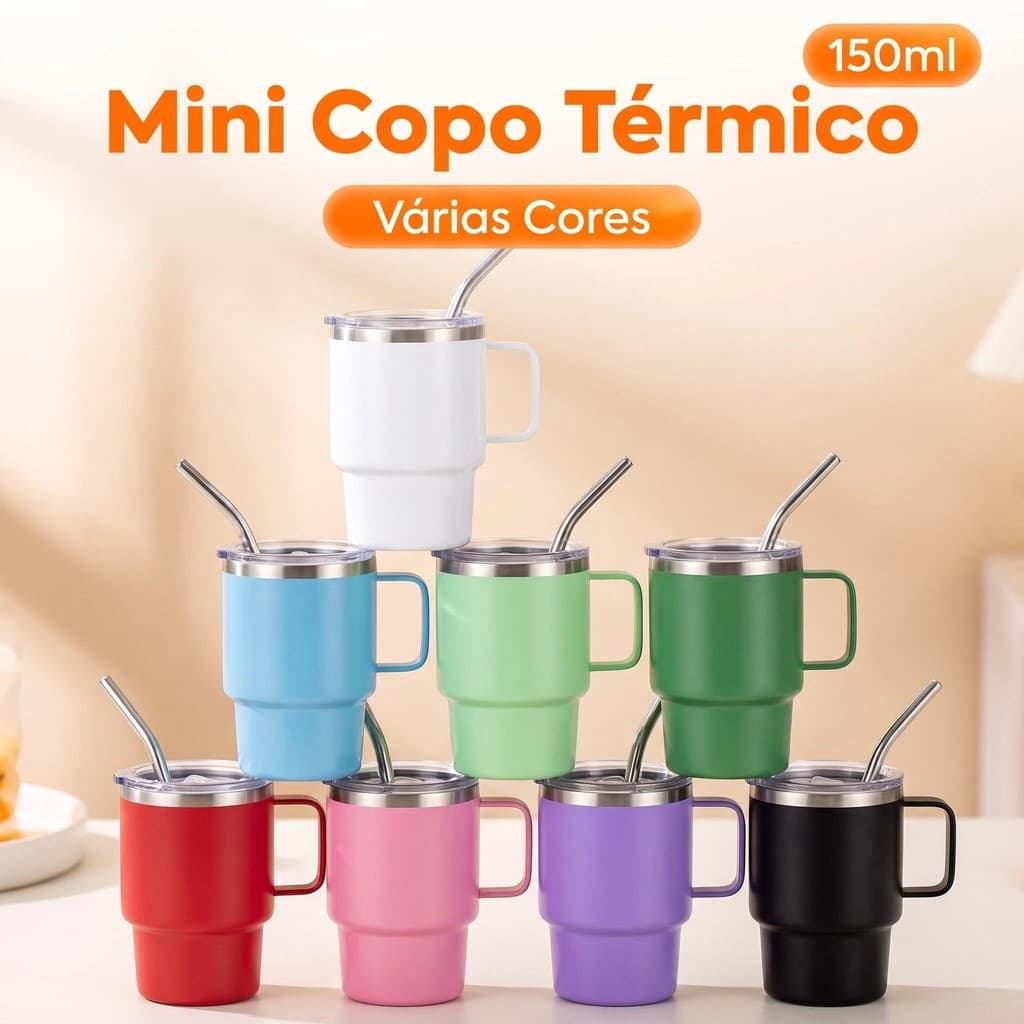 Mini Copo Térmico 150ml Aço Inox 304 Com Alça Canudo E Tampa - Café Chá Escritório Casa