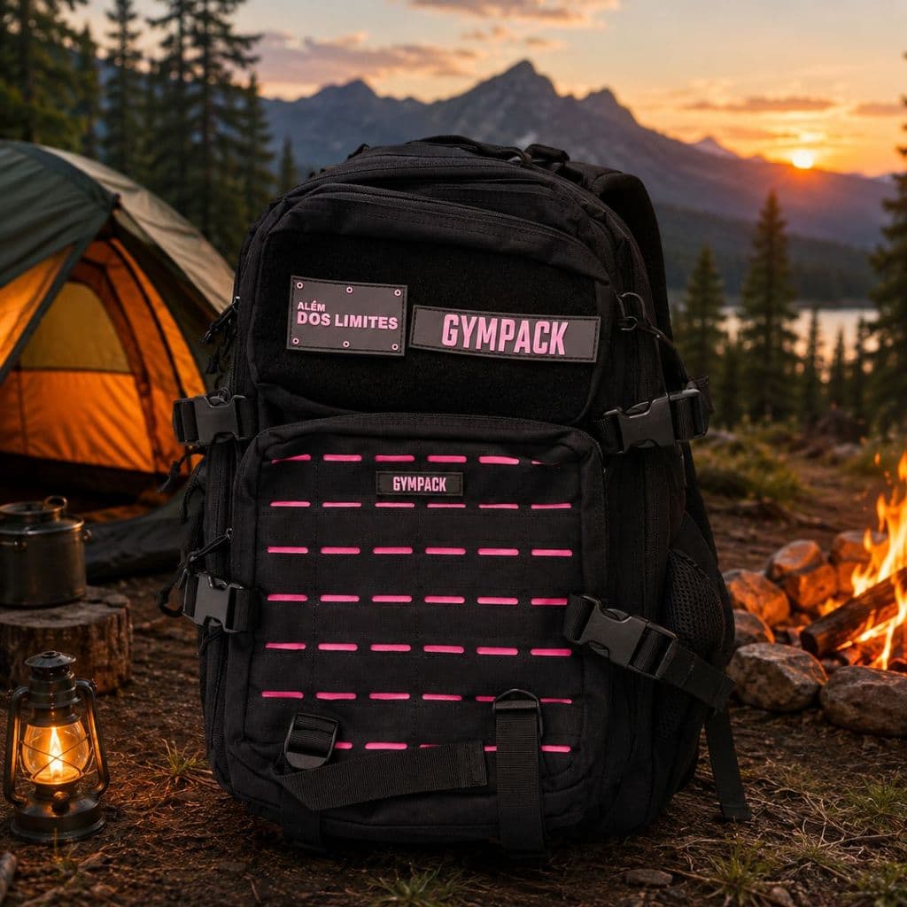 Mochila Tática Multiuso 50L Preta com Detalhe Rosa na Frente, Resistente à Água para Camping, Trilha, Viagem e Esportes