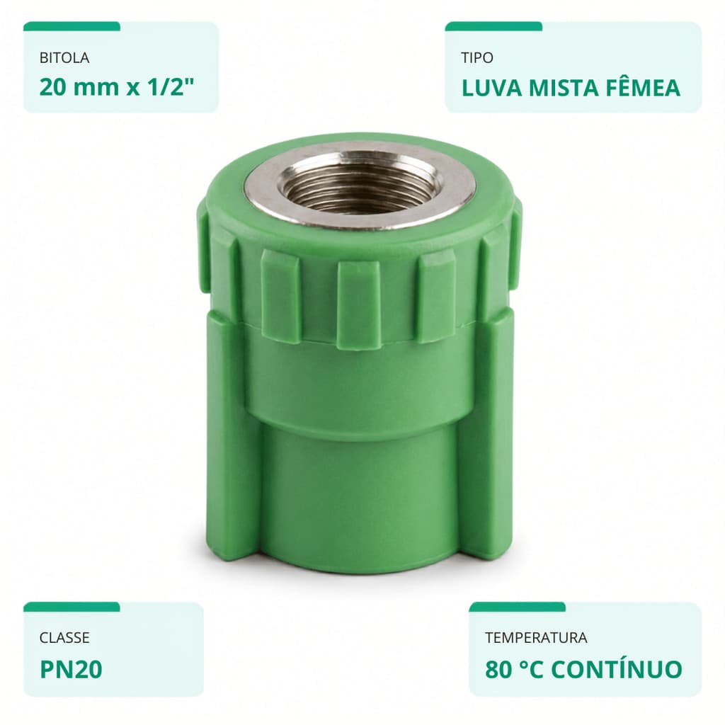 KIT 20 Luva Mista PPR 20x1/2" Rosca Fêmea BSP Metálica Conector Adaptador Transição Água Quente Ar Comprimido Pietrobon