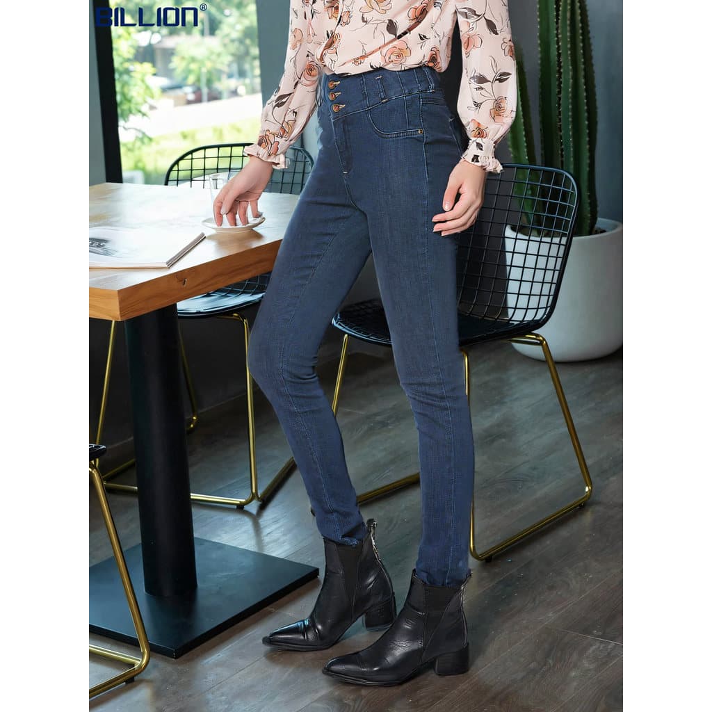 Bilhões de Jeans de cintura alta feminino elástico fino ajuste alto mais magro olhar mais magro calças magras azul escur