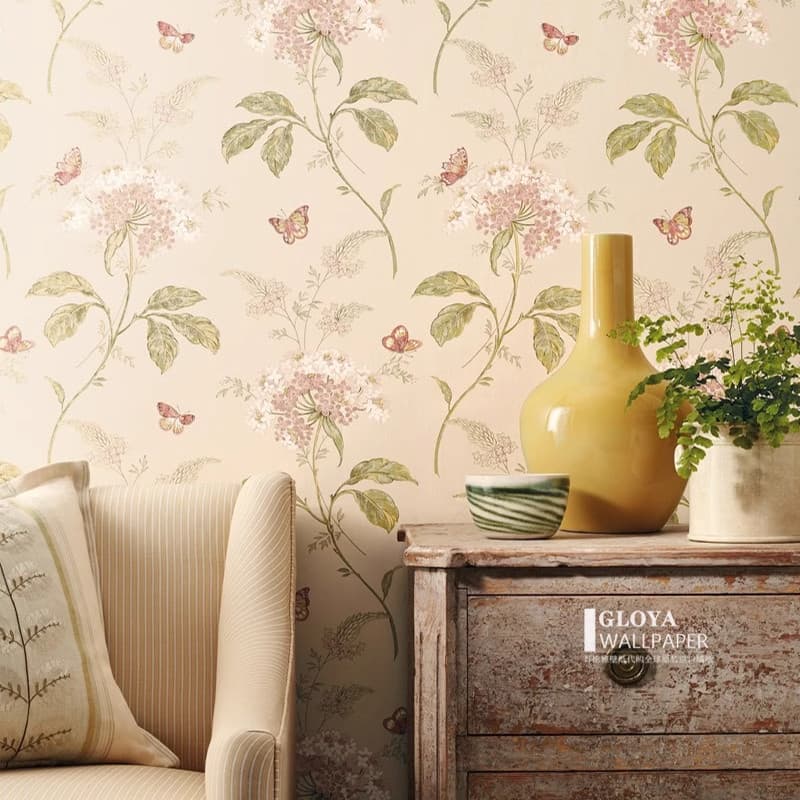 8D estilo britânico papel de parede Retro hortênsia flor borboleta papel de parede sem costura Mural b & bb quarto sem c
