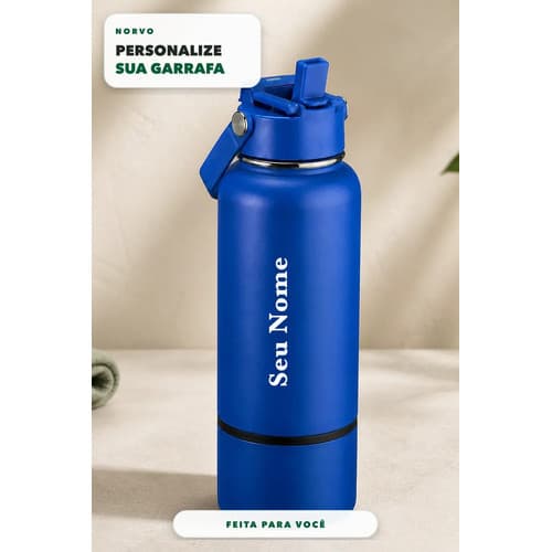 Garrafa Térmica Inox 700ml Personalizada com Nome e Ícone Azul, Squeeze para Academia, Trabalho, Viagem e Presente