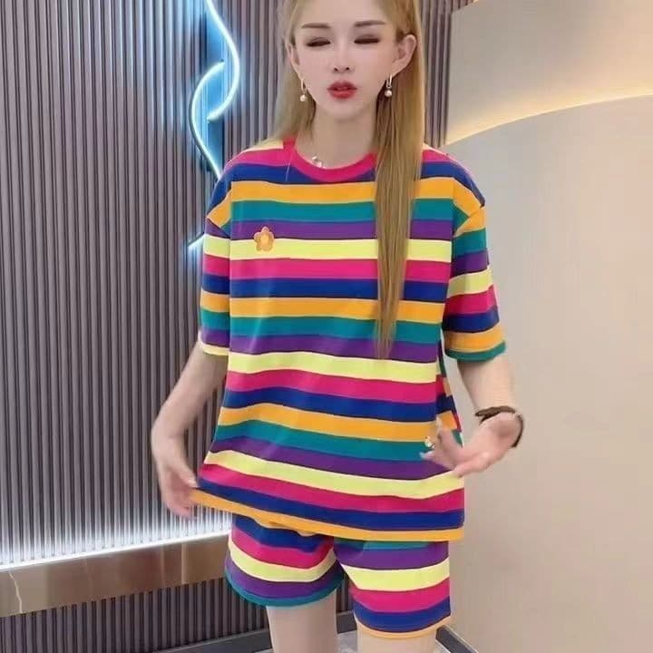 Tamanho grande de manga curta versão coreana pijamas listrados feminino solto estilo Casual fino doce terno 8.24