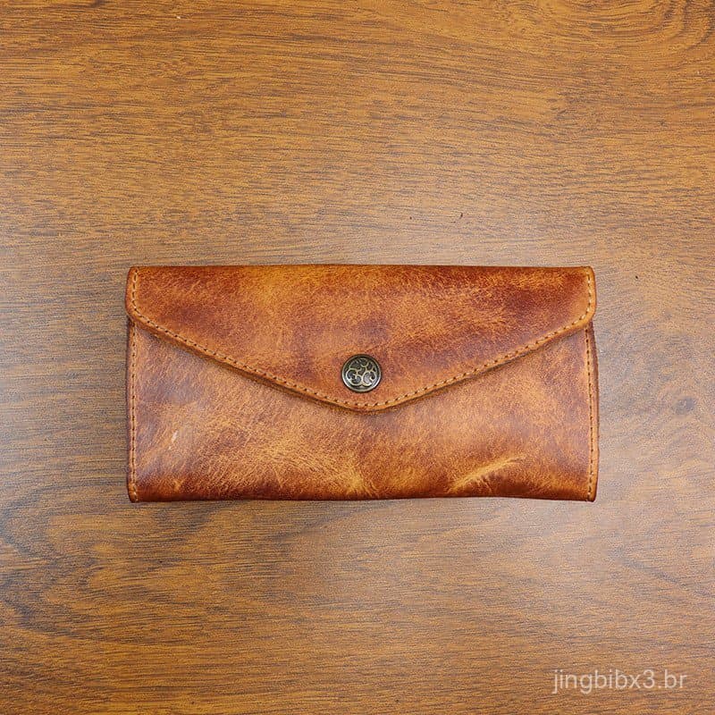 [Promoção] Nova Carteira Feminina Artesanal de Couro Curtido Vegetal Vintage, Bolsa Clutch Longa de Grande Capacidade co