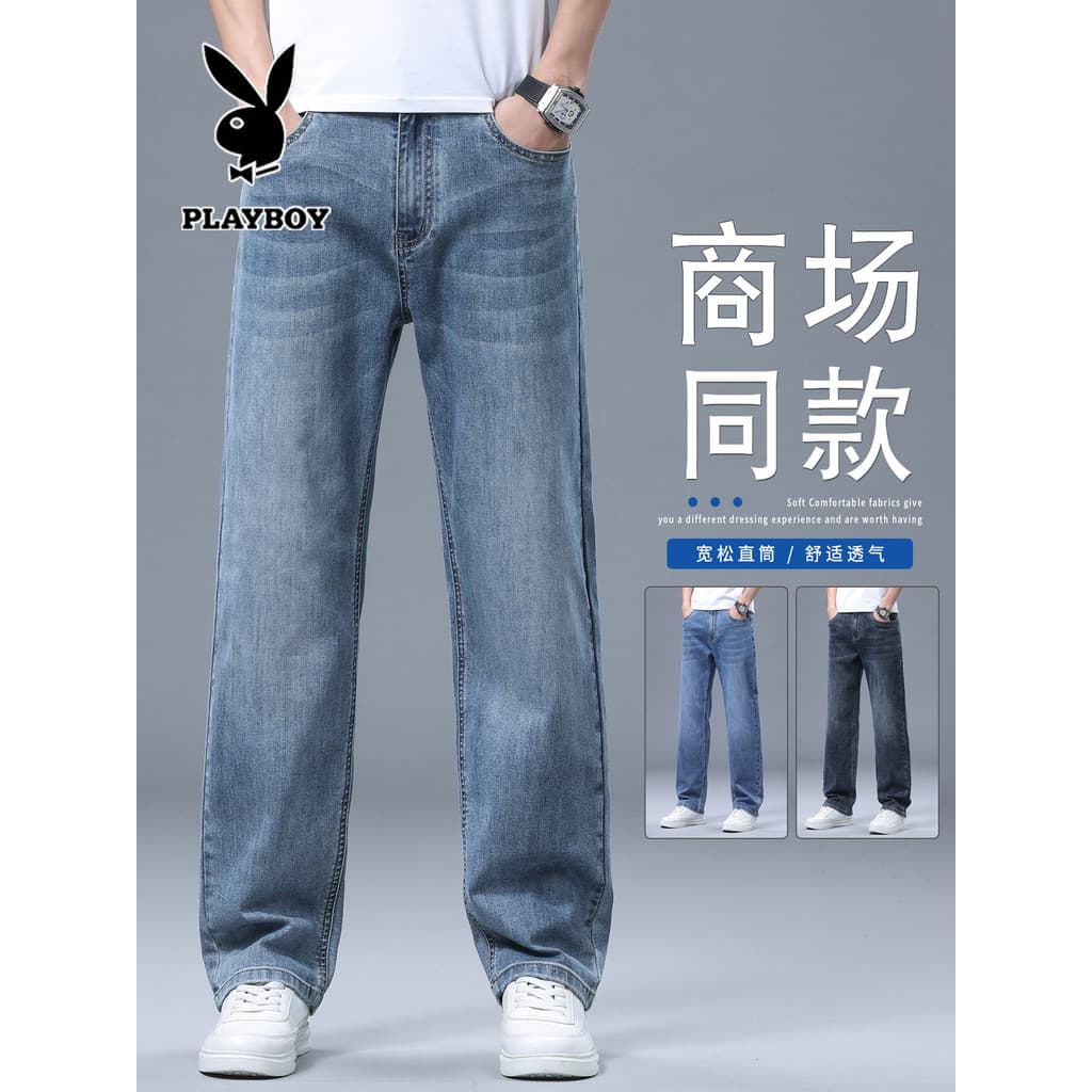 Playboy 2026 Calça Jeans Respirável Masculina Solta Reta Calça Casual Verão Estilo Fino Street Wear Calça Masculina