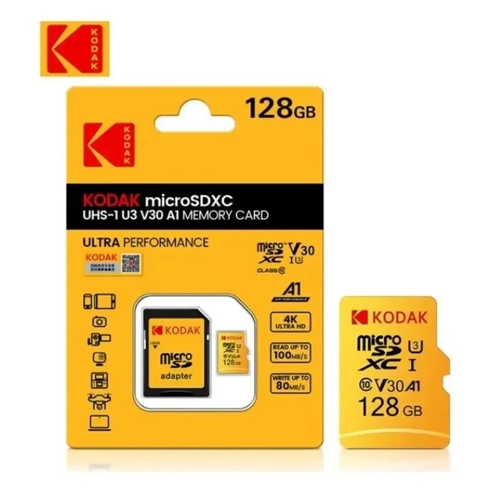 Cartão de Memória Kodak 128GB MicroSDXC v30 class 10 4k UHD 100mb/s