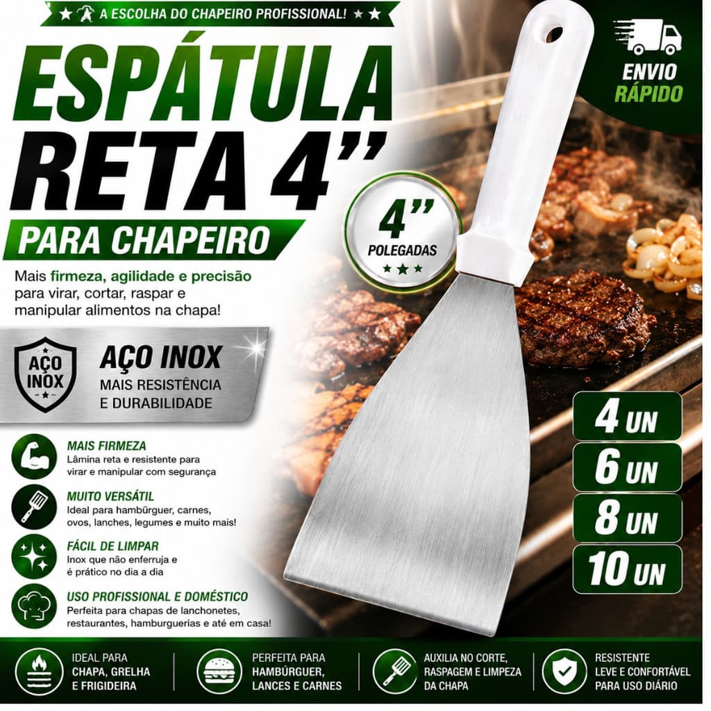 Espátula Reta 4" em Inox Para Chapeiro Profissional Hamburguer Lanches Lanchonete Cozinha
