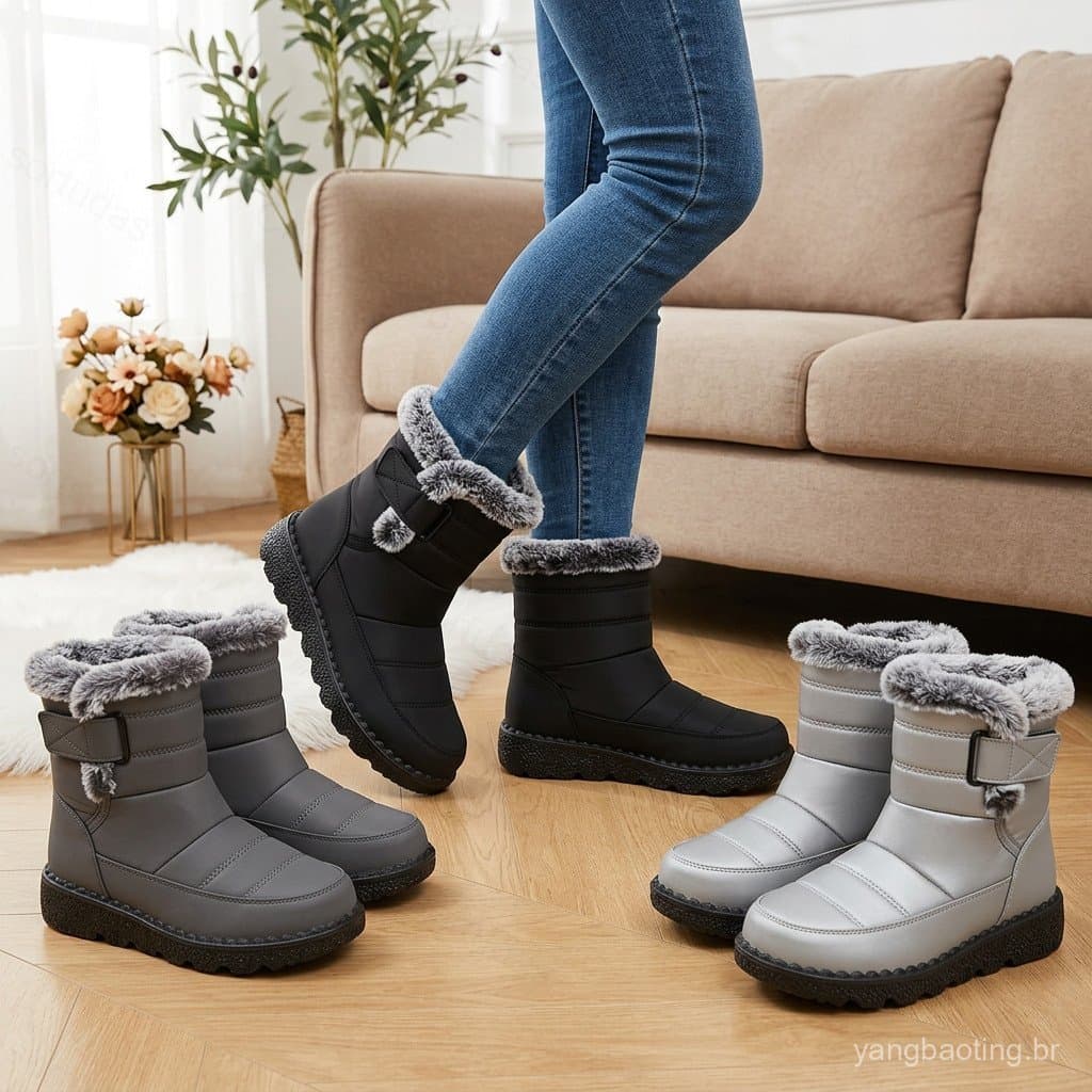 Botas de neve quentes de lã de lã à prova d'água e à prova de frio sapatos femininos confortáveis