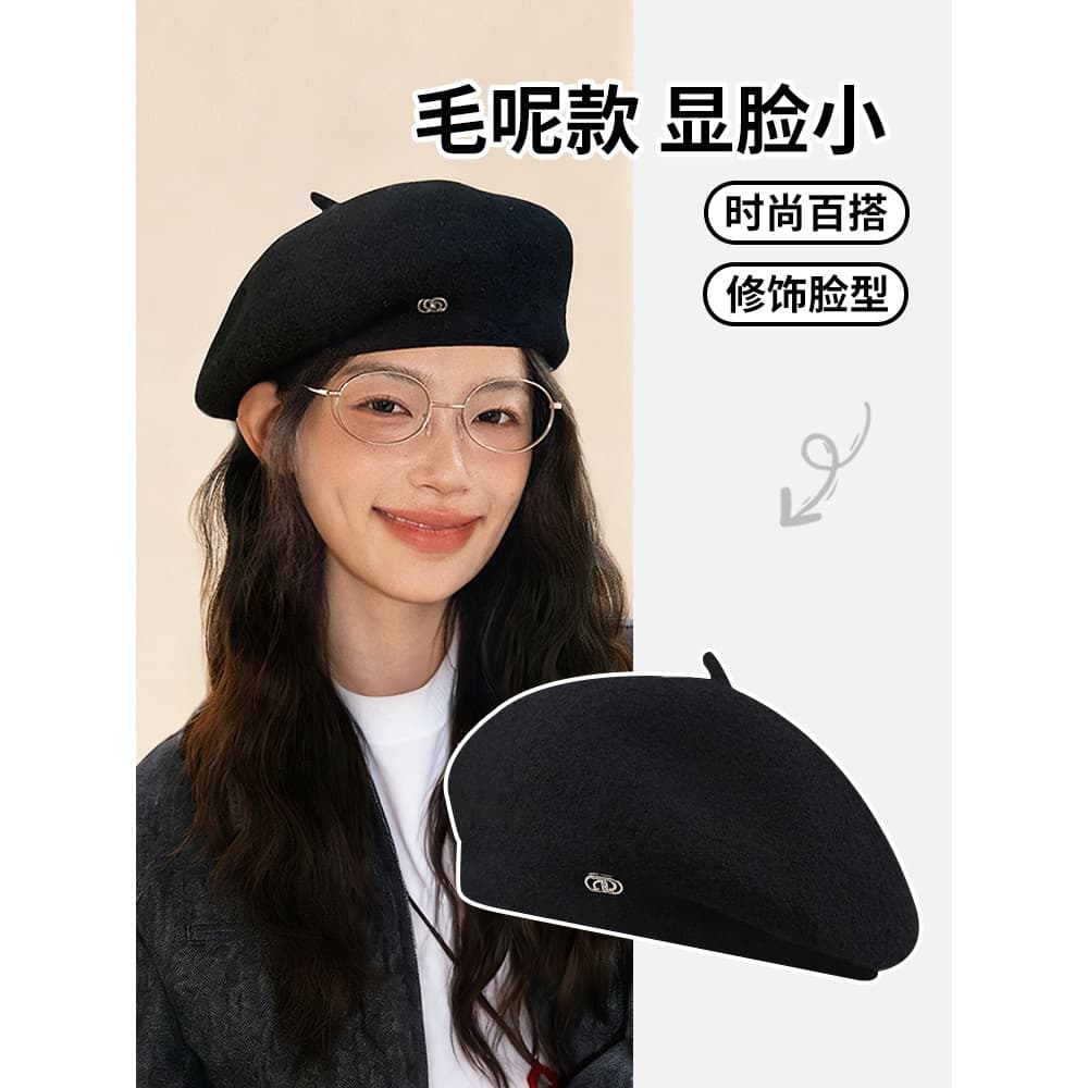 Boina retrô feminina outono inverno lã japonesa Plus Size cabeça grande versão coreana moldar rosto-olhando pequeno pint