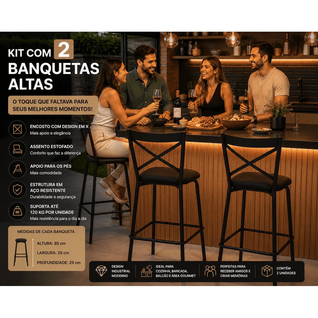 Kit 2 unidades Banco Banqueta Alta com Encosto Preta para Cozinha Bancada Balcão Bar e Área Gourmet